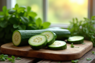 Concombre et zucchini tranchés sur planche en bois avec herbes