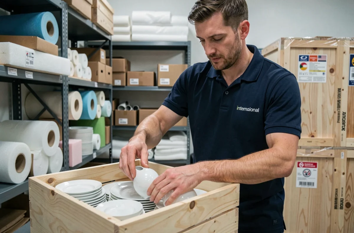 Spécialiste de Traslo Service Limited emballant de la vaisselle dans des caisses en bois pour un déménagement international