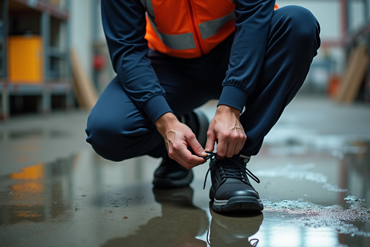 Homme portant des chaussures de sécurité noires en milieu industriel