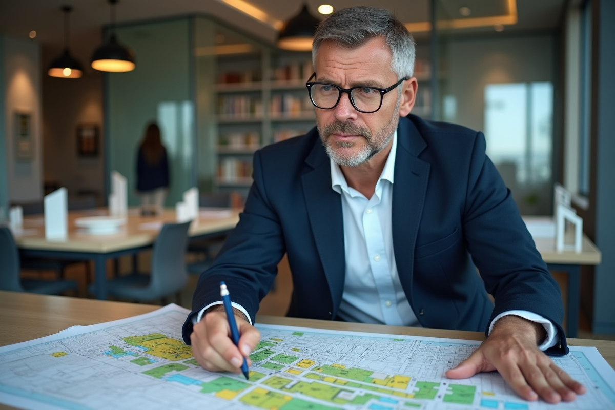 Urbaniste homme en réunion avec plans urbains modernes