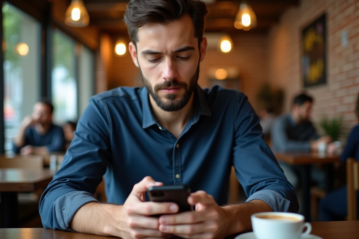 Homme consultant Crunchyscan sur son téléphone portable dans un café branché en ville