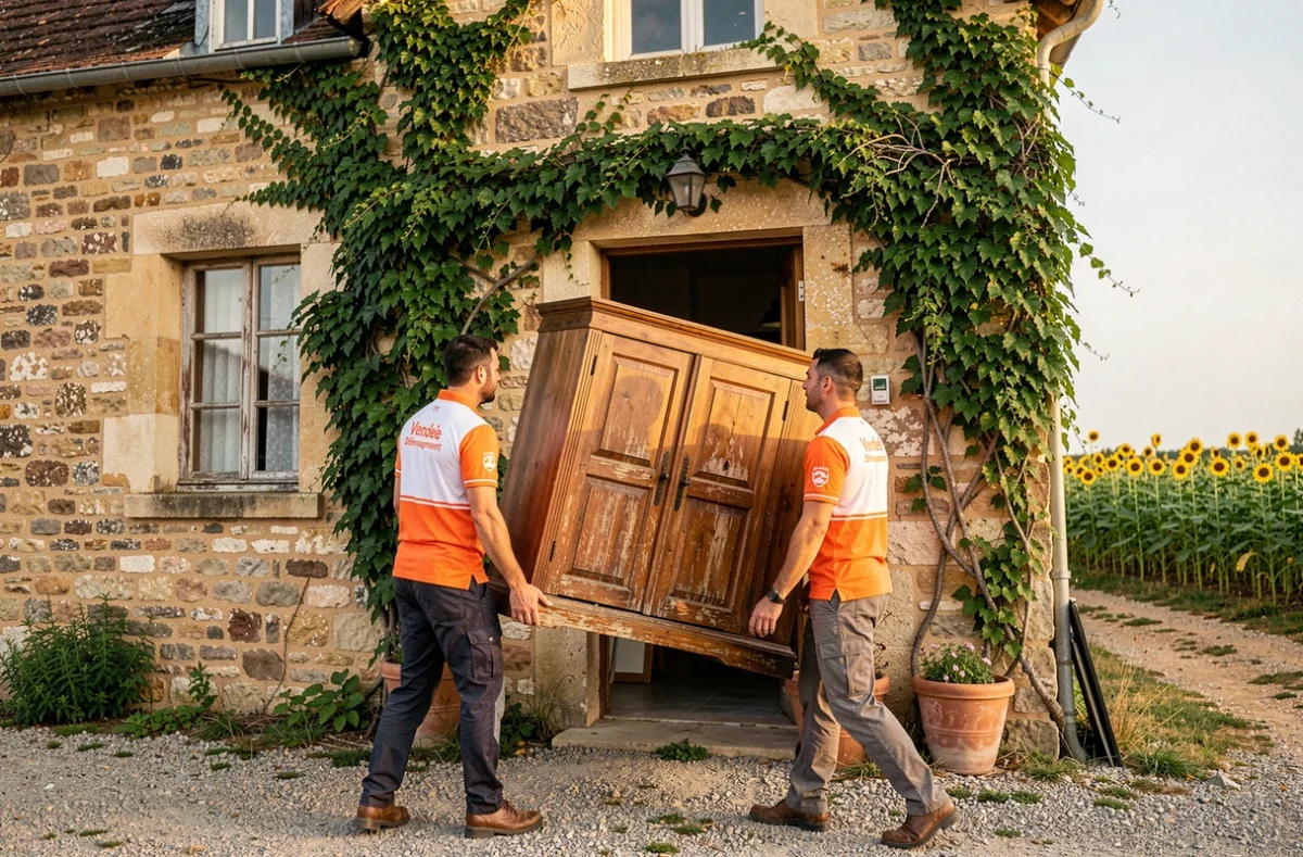 Équipe Vendée Déménagement transportant une bibliothèque dans une ferme vendéenne traditionnelle