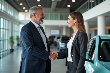 Vendeur automobile souriant avec cliente devant voiture électrique