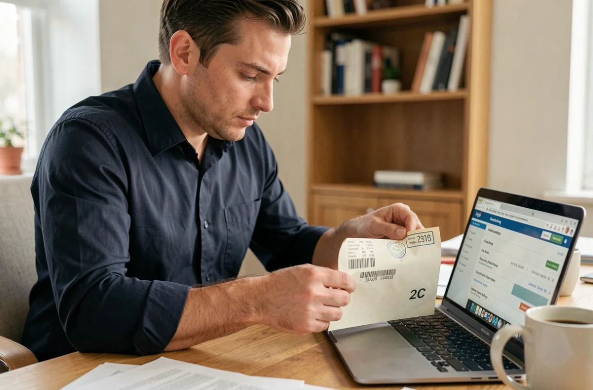 Homme au bureau vérifiant un numéro de suivi sur une enveloppe recommandée 2C avec son ordinateur portable ouvert sur un site de suivi postal