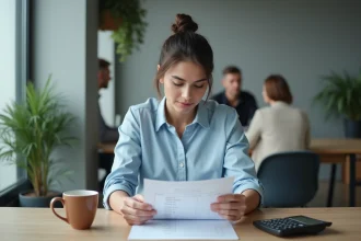 Femme qui vérifie un planning de travail avec des horaires en centièmes sur un bureau de bureau moderne