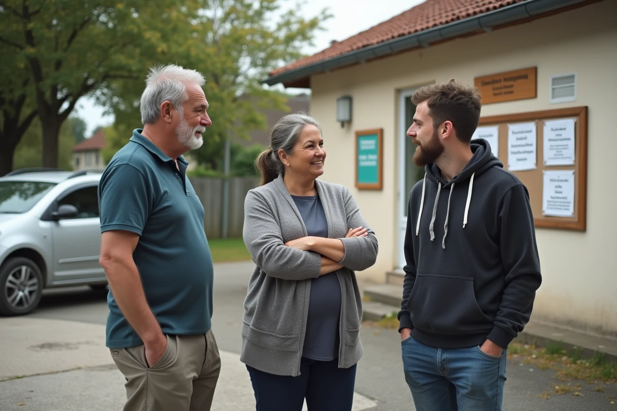 Habitants discutant devant un centre communautaire de quartier à Ris-Orangis illustrant la vie locale et les services de proximité