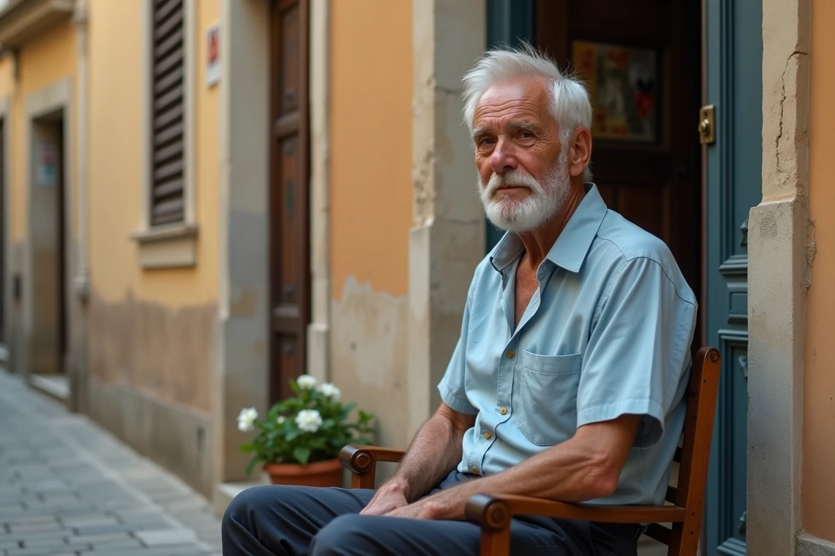 Vieil habitant marseillais assis devant sa porte dans une ruelle du quartier nord de Marseille