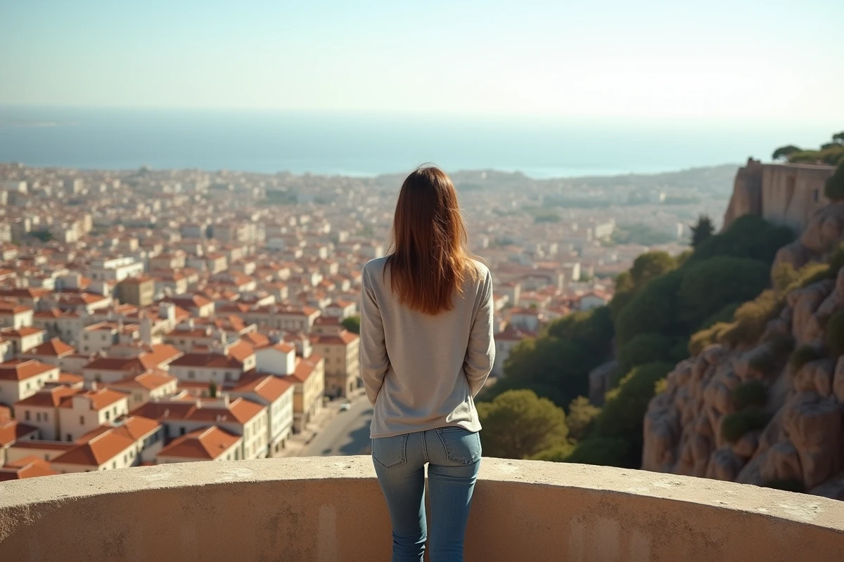 Vue panoramique depuis une colline sur les quartiers nord de Marseille avec toits et littoral méditerranéen en arrière-plan